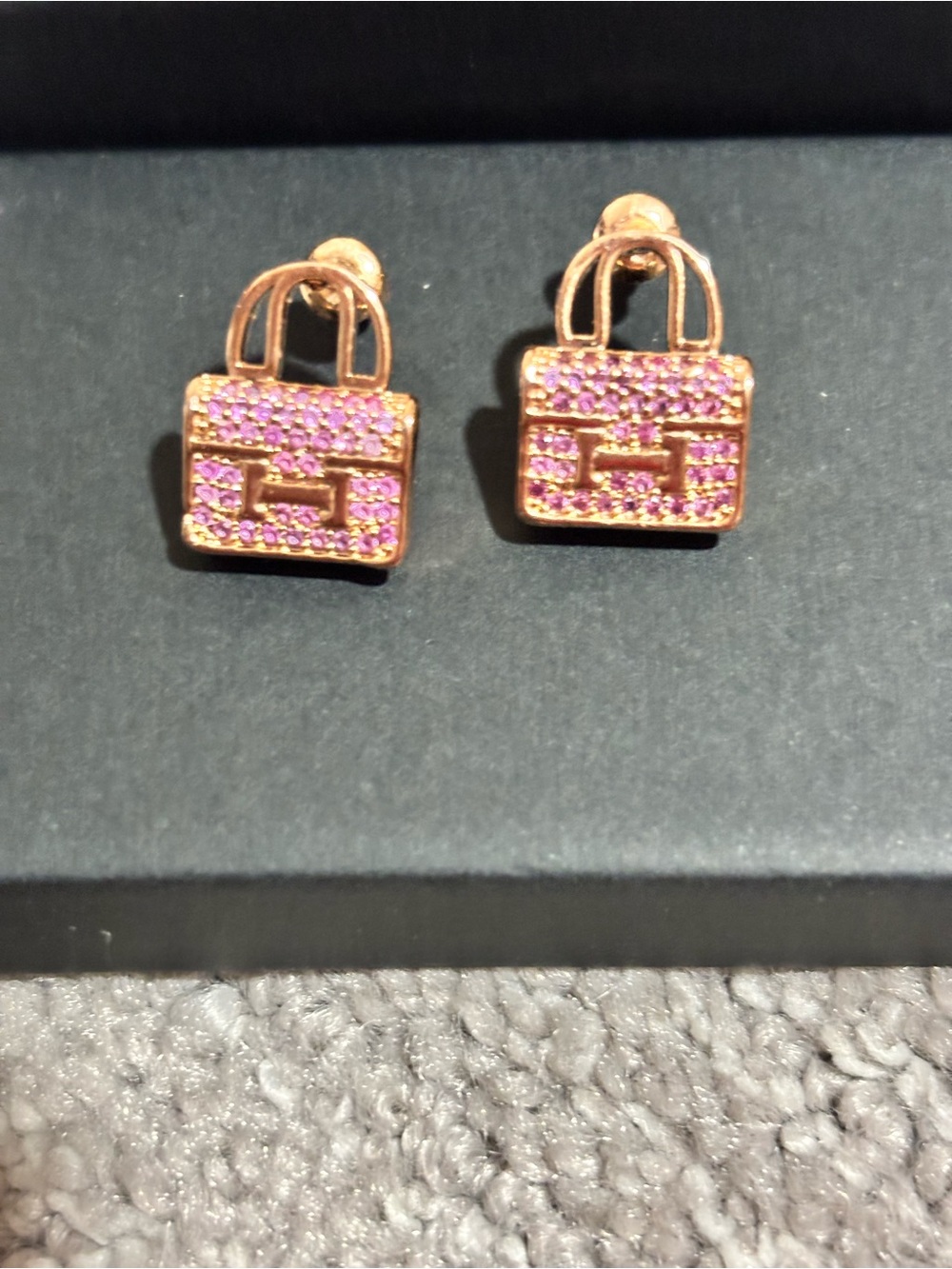 Pink Crystal Tote Stud Earrings with Gold Finish